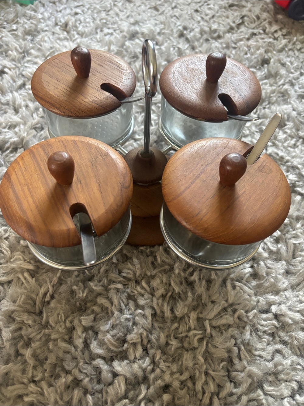 Vintage MCM condiment jars and caddy